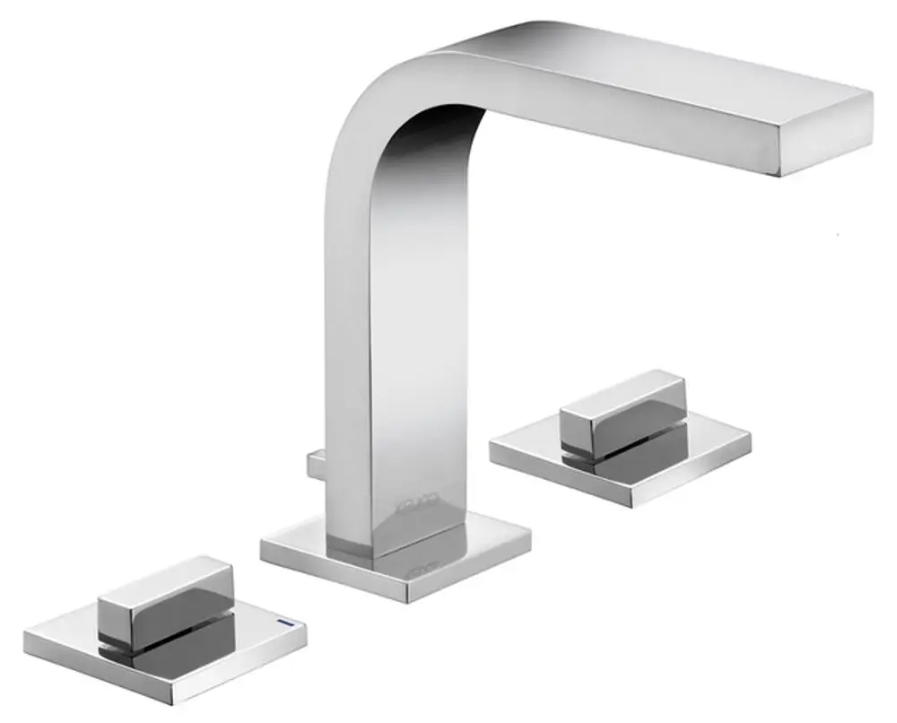 Waschtischarmatur von Keuco in verchromtem Design, bestehend aus einem hohen Wasserhahn und zwei separaten Bedienungselementen auf quadratischen Sockeln.